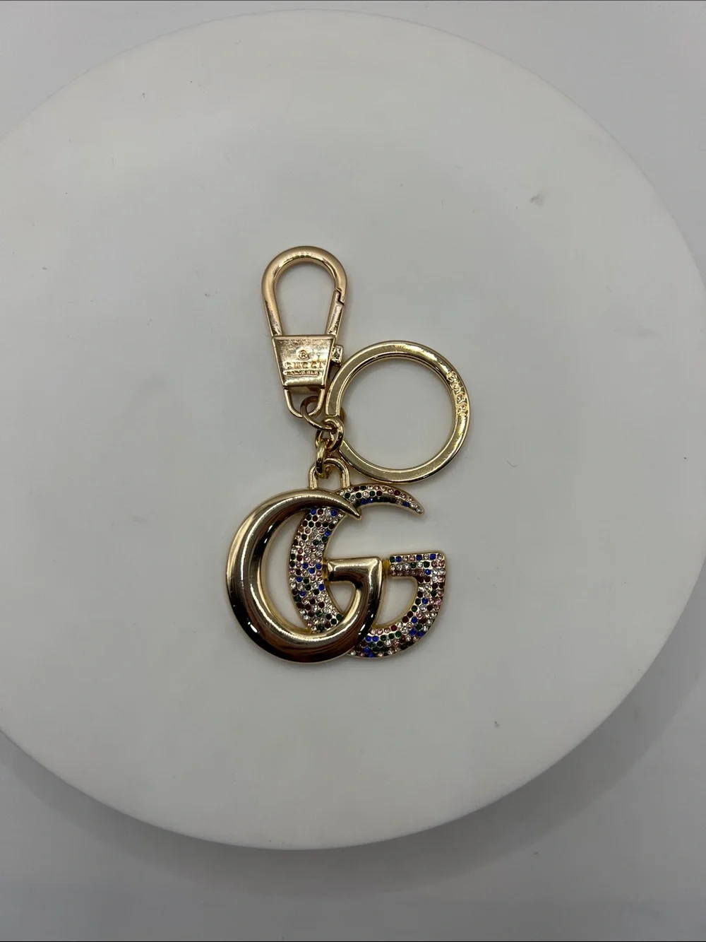 1447.  Gold Double G Multi Color Crystal-Encrusted Keyring or Bag Charm